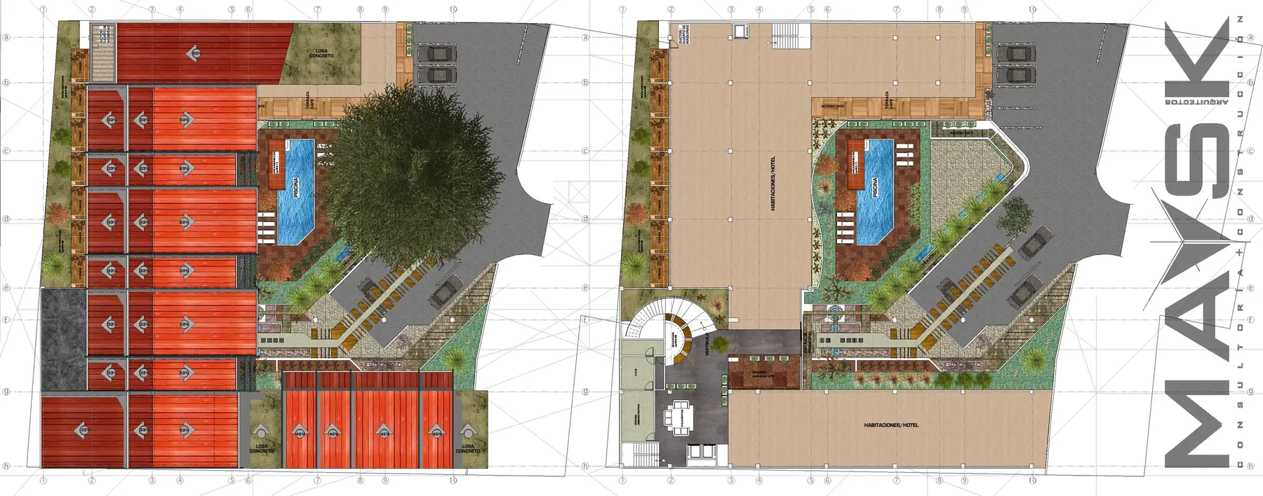 Planta de conjunto a color de un hotel, con dos piscinas, jardines, parqueos y un gran árbol al centro